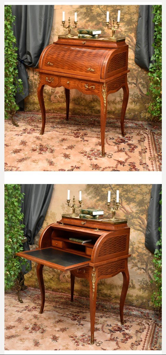 Louis XV Style Cylinder Desk In Diamond Marquetry, Marble Top And Brass Gallery