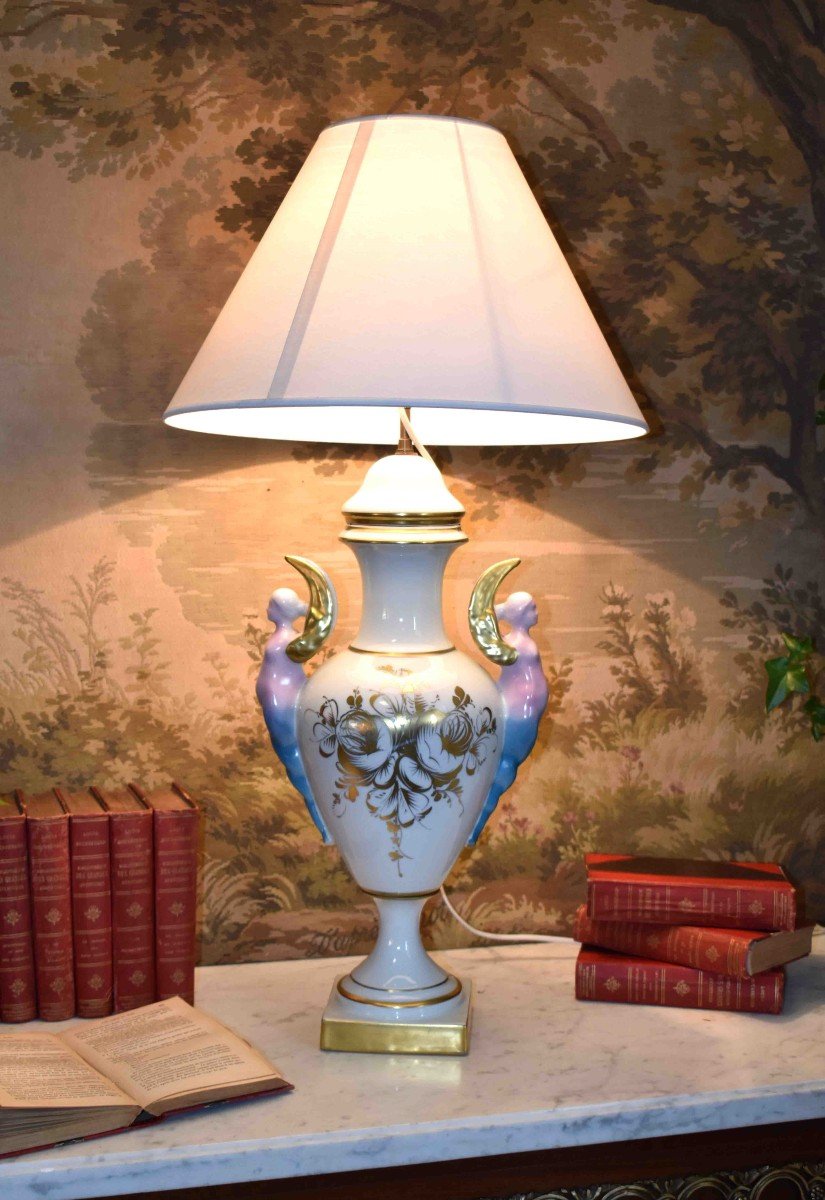 Important Limoges Porcelain Lamp, Hand Painted Lamp Base With Floral Decor, Bouquet Of Flowers-photo-3