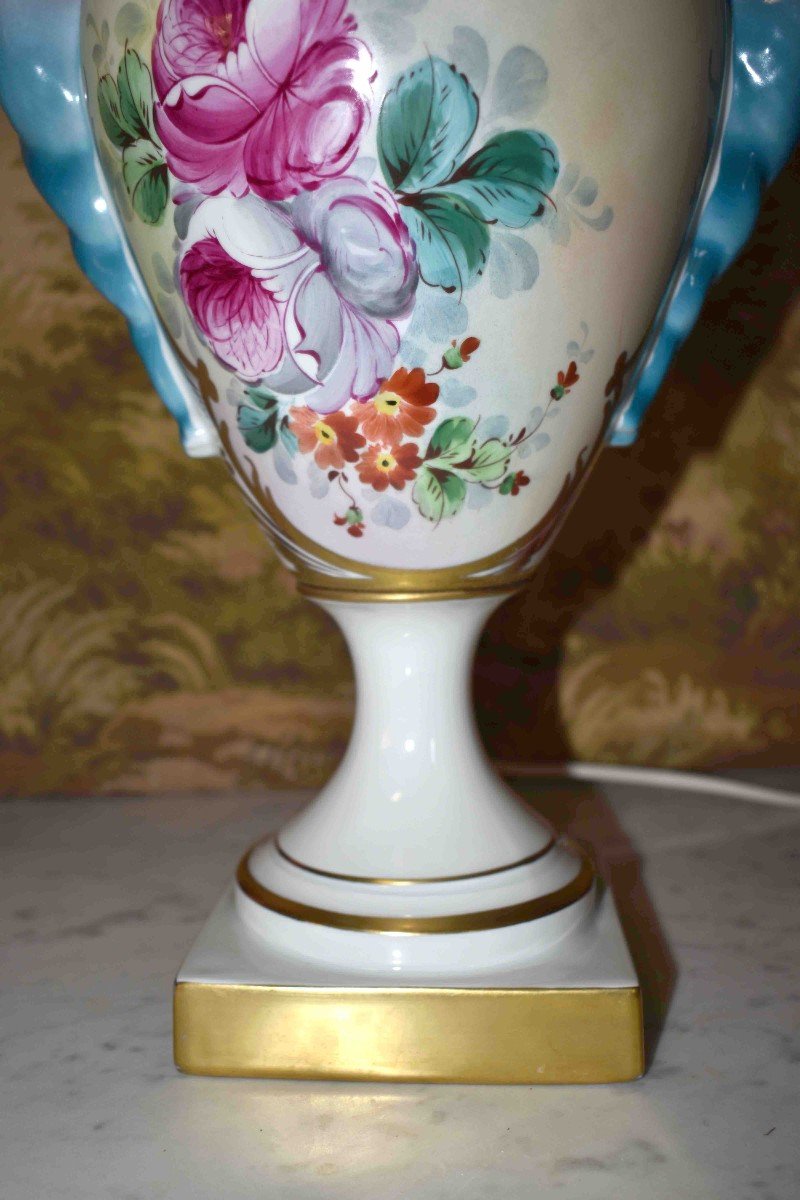 Important Limoges Porcelain Lamp, Hand Painted Lamp Base With Floral Decor, Bouquet Of Flowers-photo-7