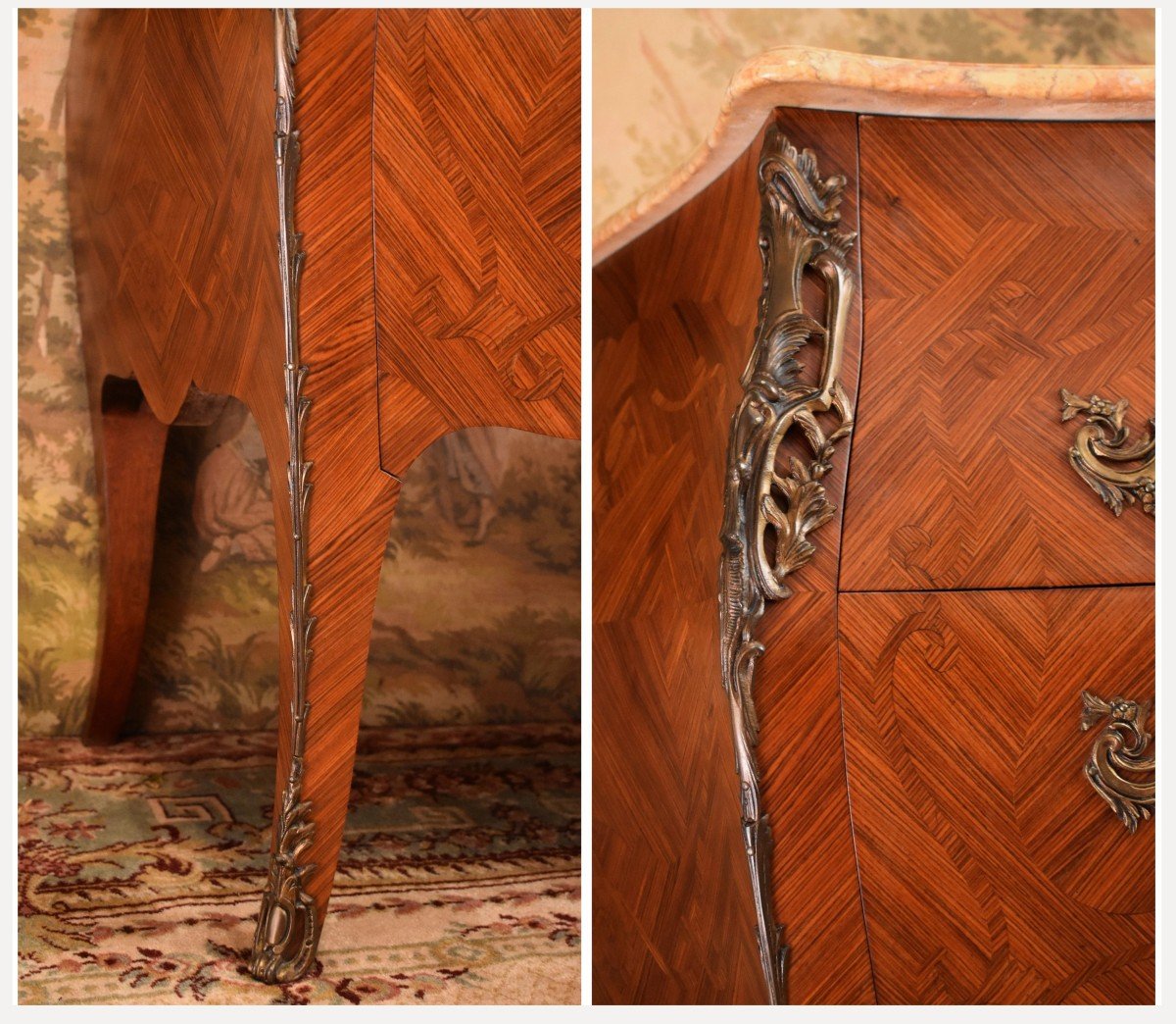 Large Louis XV Style Marquetry Chest Of Drawers, Early 20th Century, Marble Top, Marquetry-photo-4