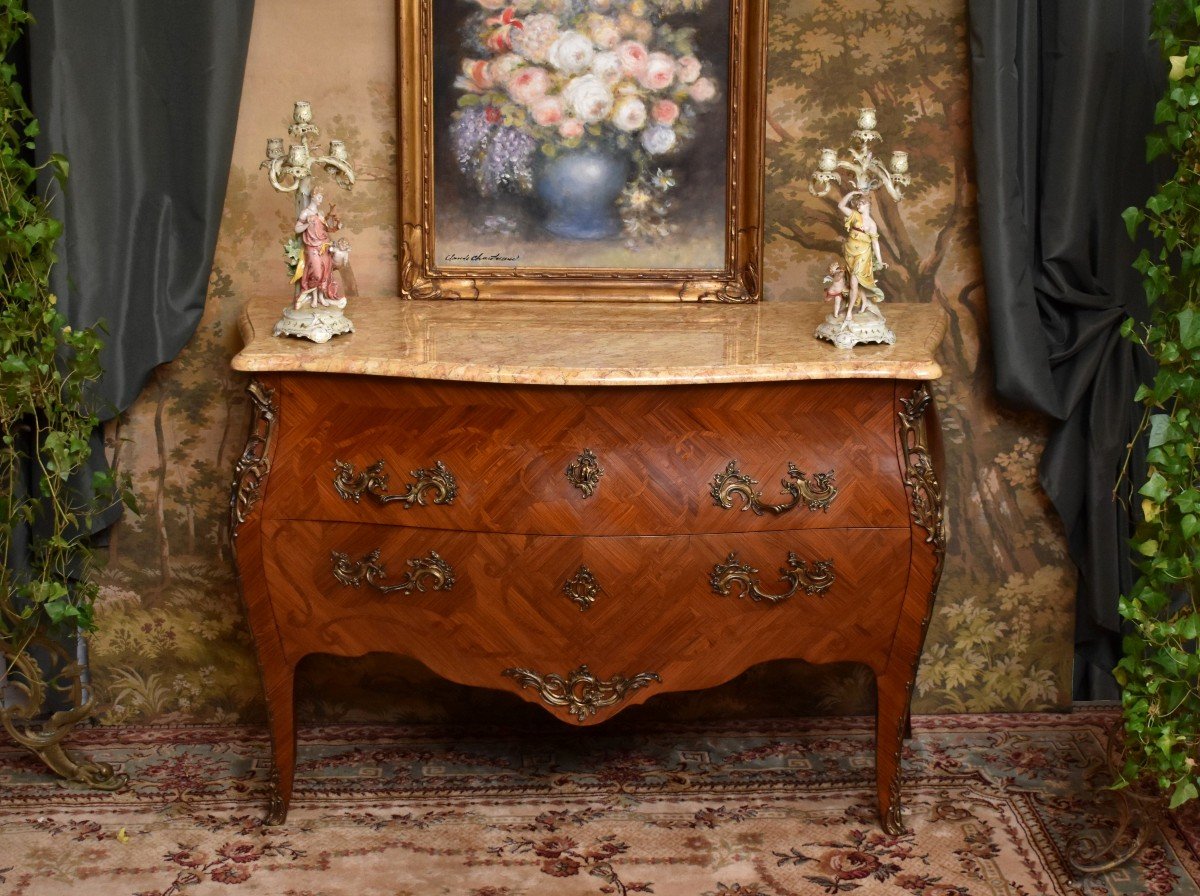 Large Louis XV Style Marquetry Chest Of Drawers, Early 20th Century, Marble Top, Marquetry