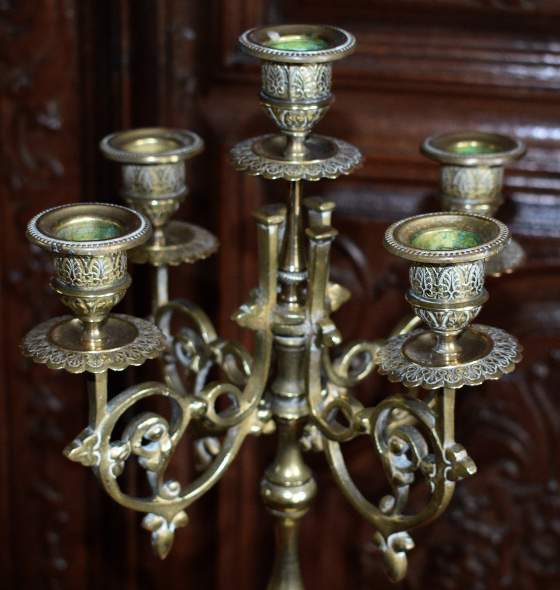 Pair Of Large Bronze Candelabra, Neo-gothic 5-arm Candlesticks, Niii-photo-2