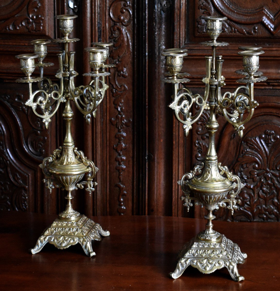 Pair Of Large Bronze Candelabra, Neo-gothic 5-arm Candlesticks, Niii-photo-8