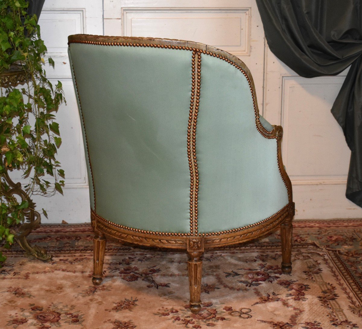 Importante Bergère De Style Louis XVI Laquée , Dossier Gondole , Assise Cousin , Début XIXe -photo-4