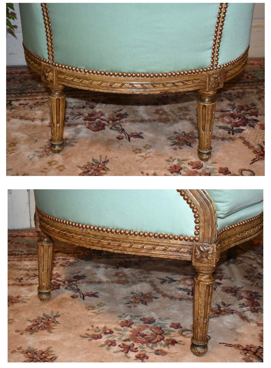 Importante Bergère De Style Louis XVI Laquée , Dossier Gondole , Assise Cousin , Début XIXe -photo-2