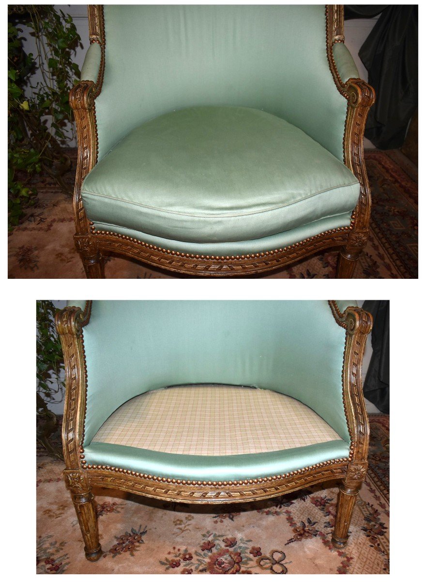 Importante Bergère De Style Louis XVI Laquée , Dossier Gondole , Assise Cousin , Début XIXe -photo-6