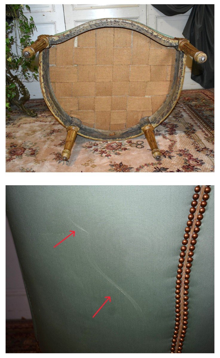 Importante Bergère De Style Louis XVI Laquée , Dossier Gondole , Assise Cousin , Début XIXe -photo-8