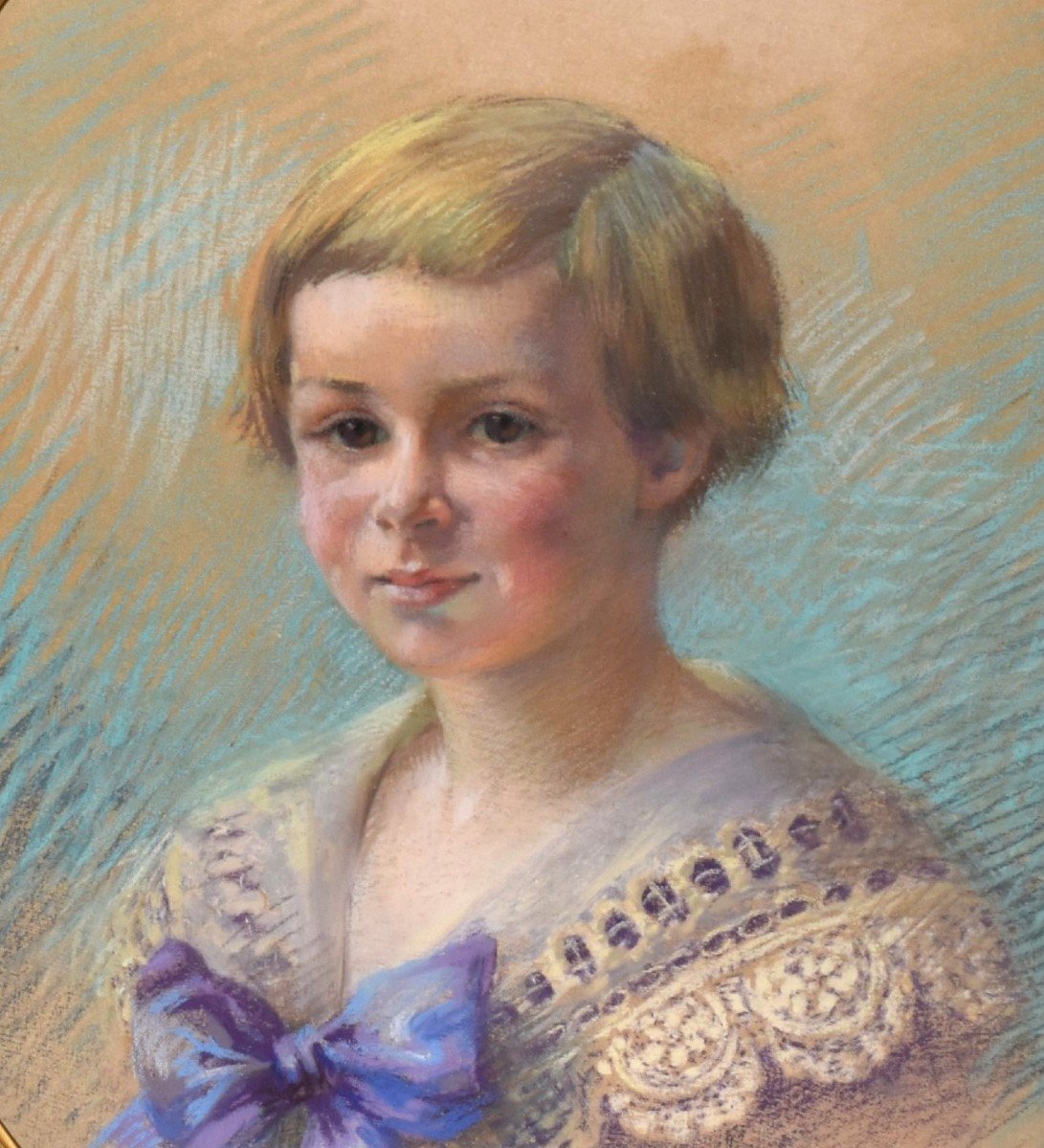 Pastel, Portrait Of A Young Child, Jeanne Dangon 1873-1949. Louis XVI Oval Gilded Frame And Bow-photo-3