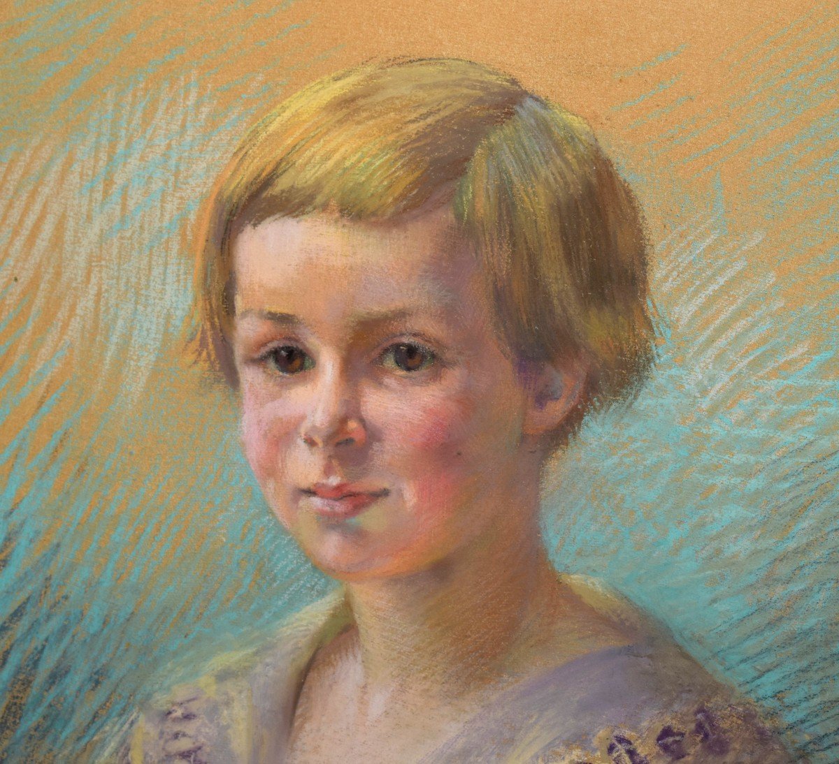 Pastel, Portrait Of A Young Child, Jeanne Dangon 1873-1949. Louis XVI Oval Gilded Frame And Bow-photo-4