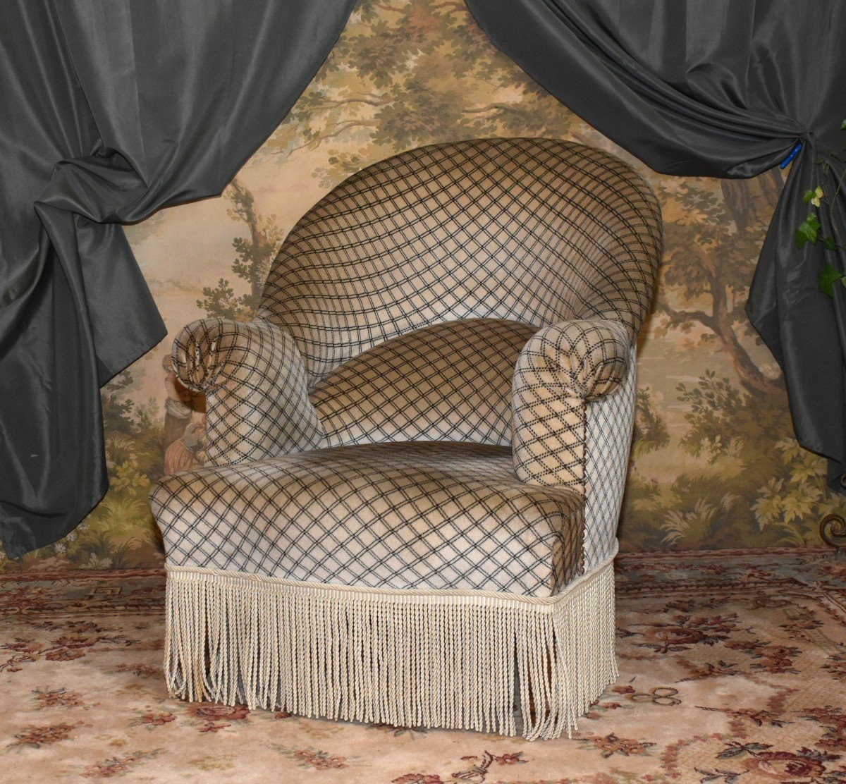 Napoleon III Style Toad Armchair Covered In Velvet Fabric And Twisted Fringes-photo-3