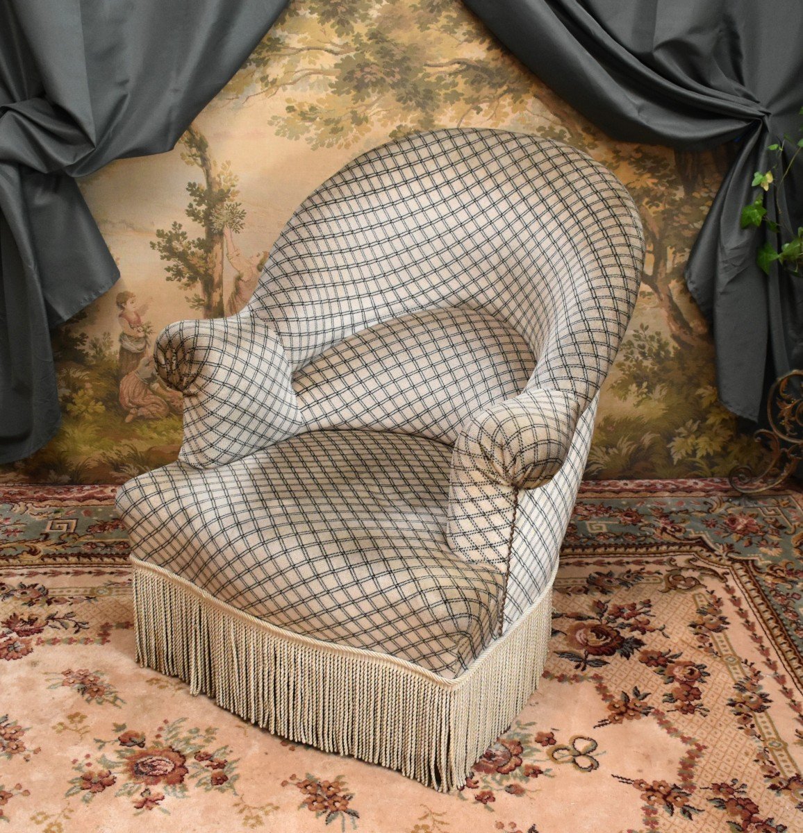 Napoleon III Style Toad Armchair Covered In Velvet Fabric And Twisted Fringes-photo-4