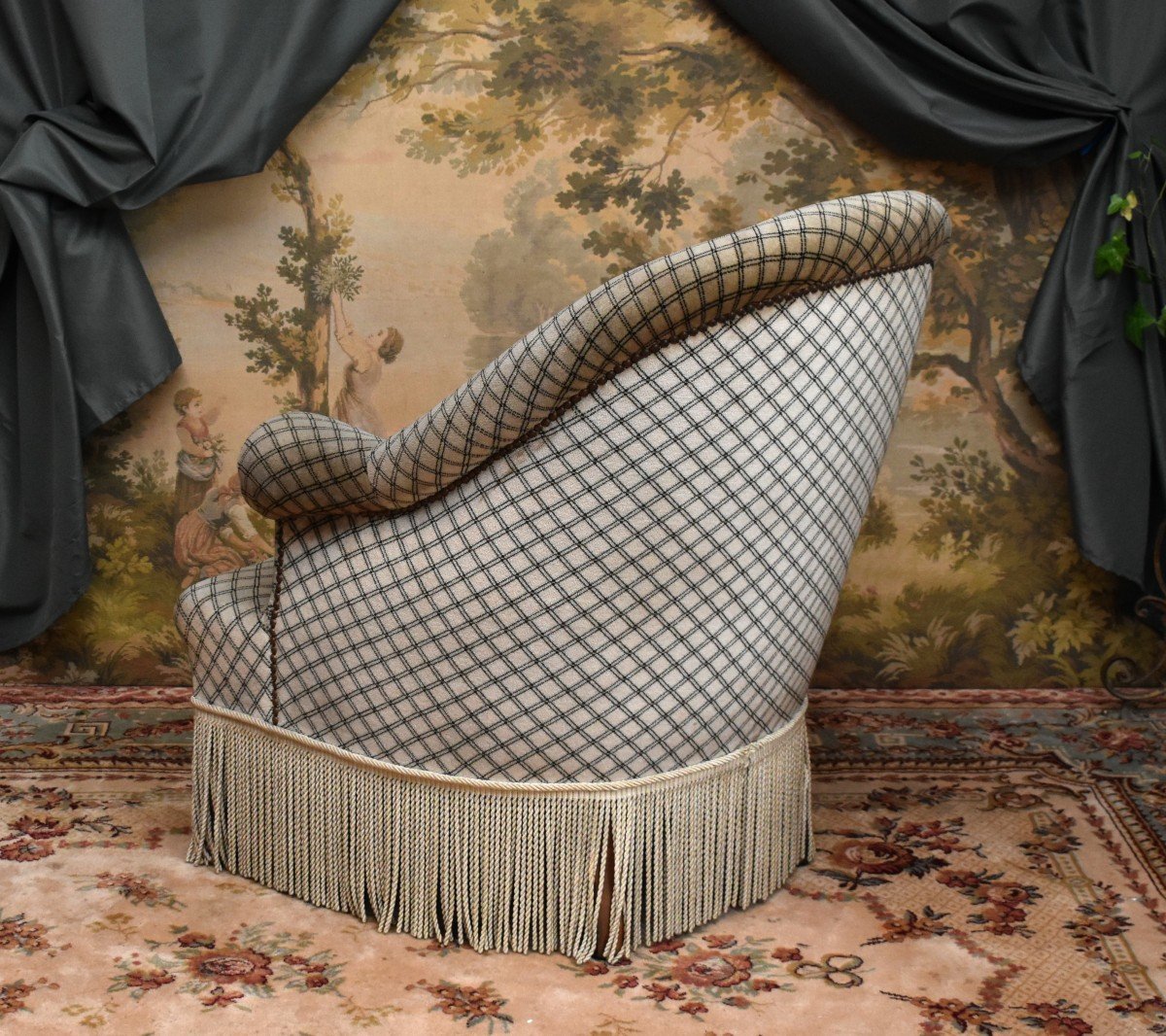 Napoleon III Style Toad Armchair Covered In Velvet Fabric And Twisted Fringes-photo-2