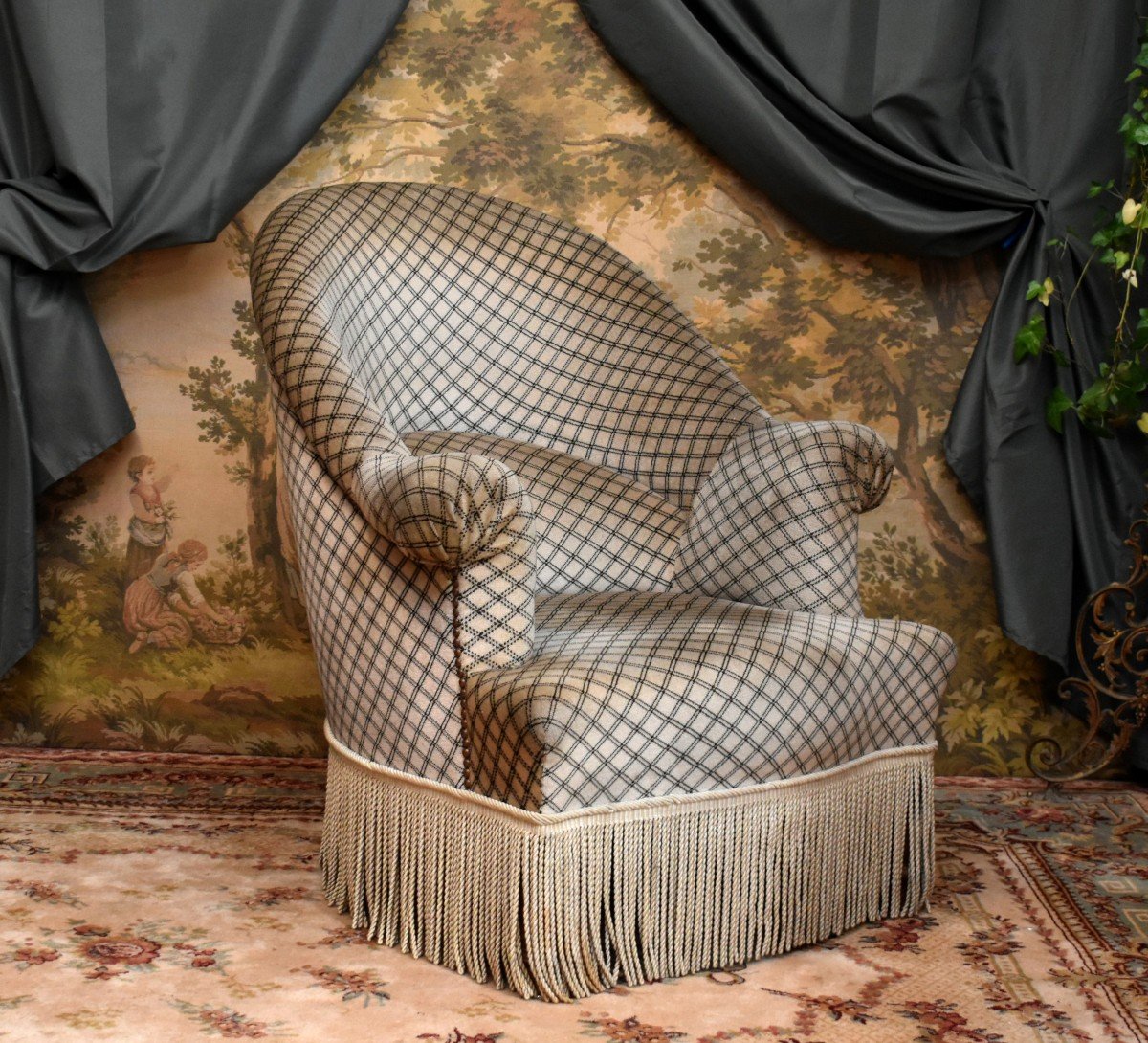 Napoleon III Style Toad Armchair Covered In Velvet Fabric And Twisted Fringes