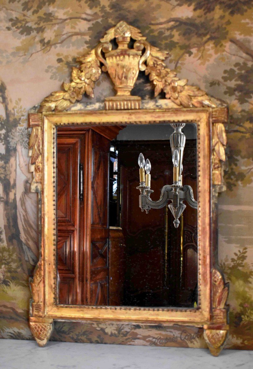 Louis XVI Style Gilded Wood Pediment Mirror, Napoleon III Period, 19th Century.