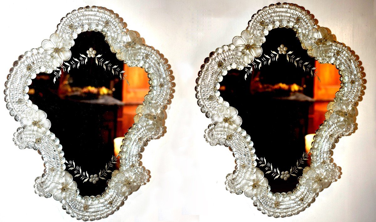 Paire De Miroirs En Verre Ciselé Et Gravé  De Murano , Style Vénitie, Italie, Venise-photo-3