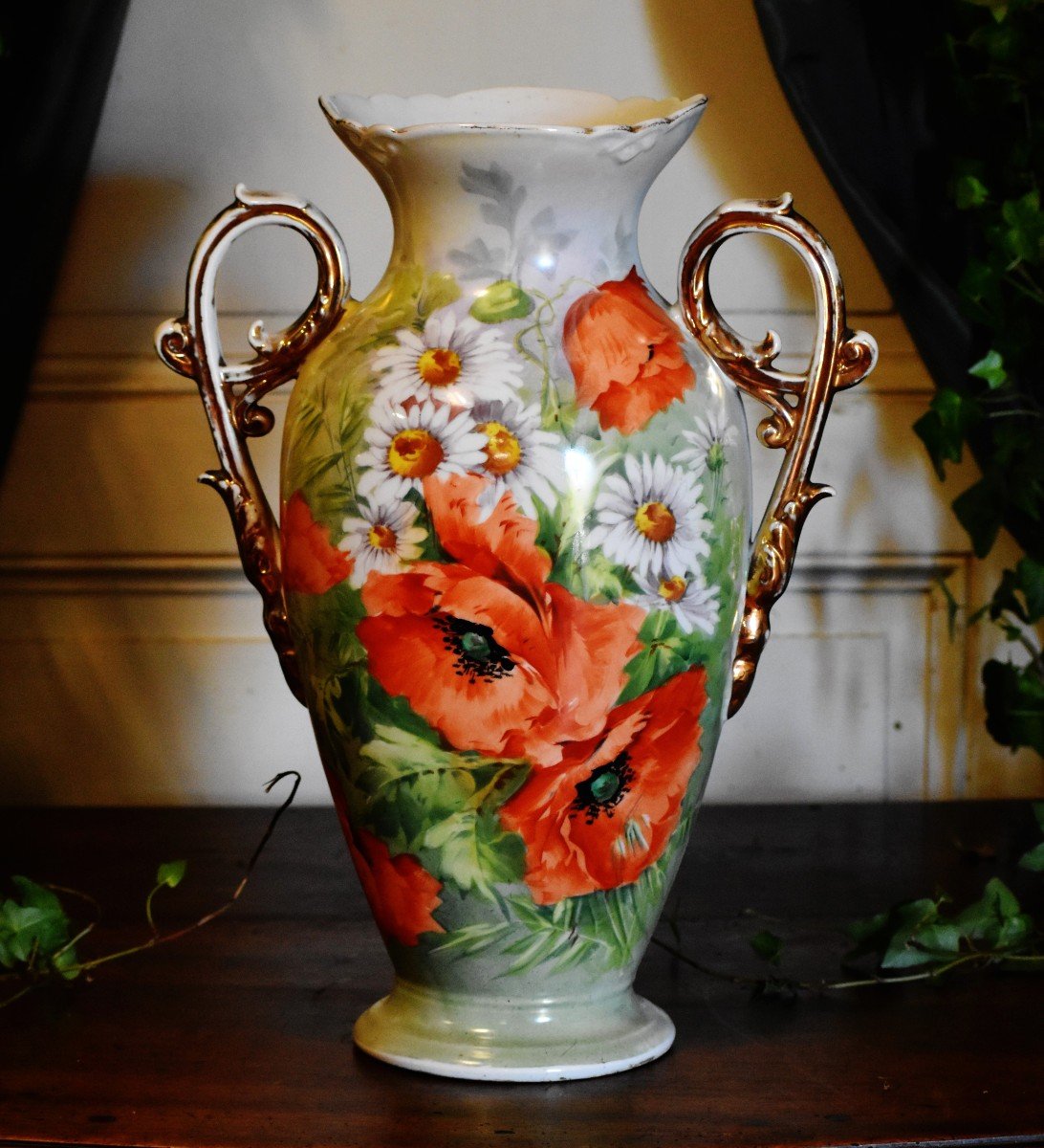 Large Limoges Porcelain Vase, Poppy And Daisies Decor, Hand Painted, 19th Century-photo-2