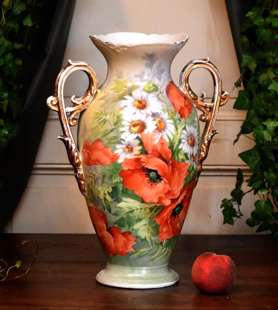 Large Limoges Porcelain Vase, Poppy And Daisies Decor, Hand Painted, 19th Century-photo-3