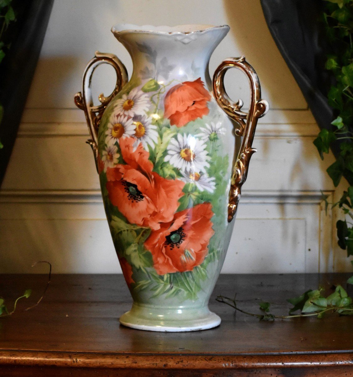 Large Limoges Porcelain Vase, Poppy And Daisies Decor, Hand Painted, 19th Century-photo-4