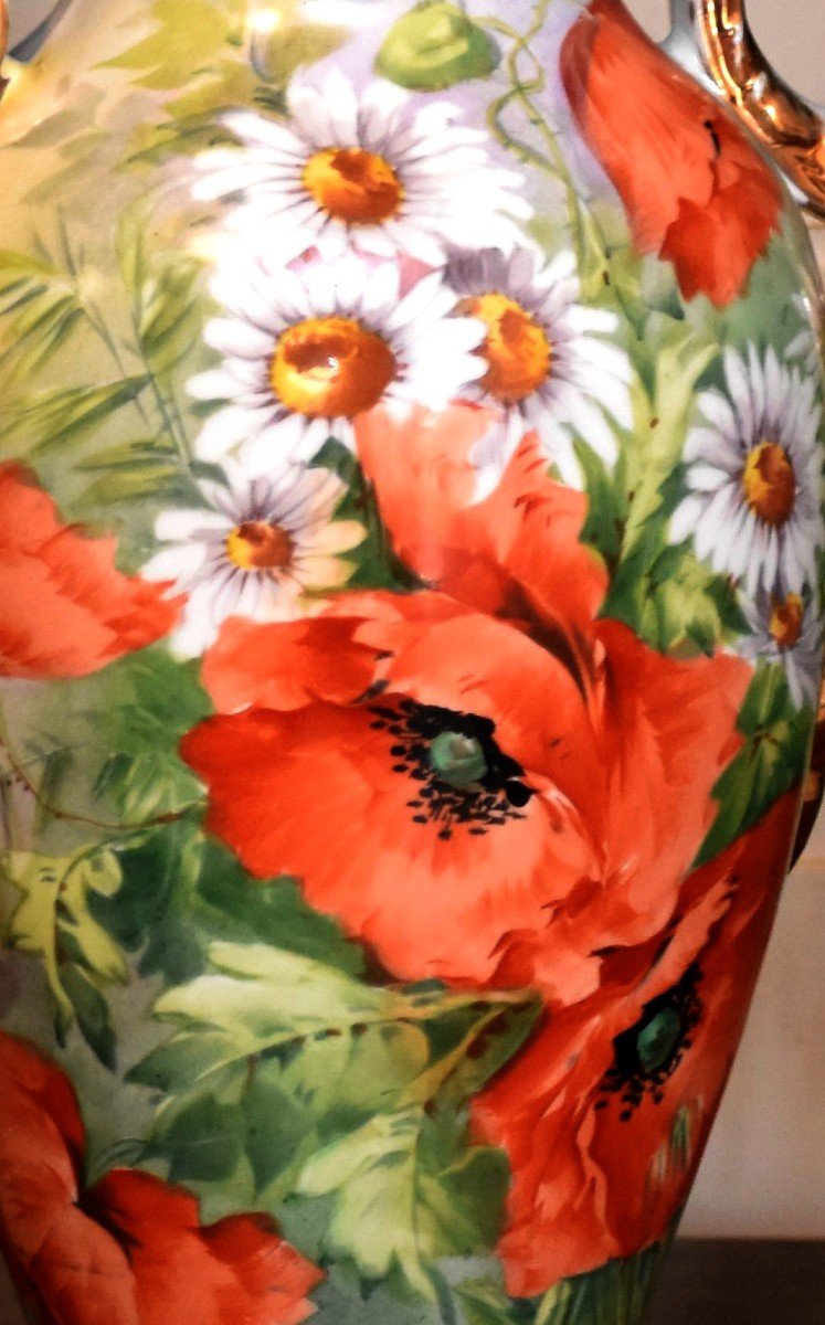 Large Limoges Porcelain Vase, Poppy And Daisies Decor, Hand Painted, 19th Century-photo-1