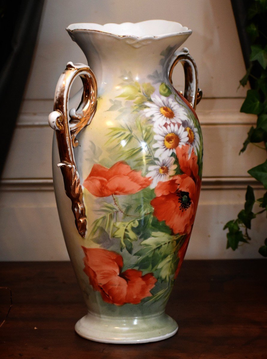 Large Limoges Porcelain Vase, Poppy And Daisies Decor, Hand Painted, 19th Century-photo-2