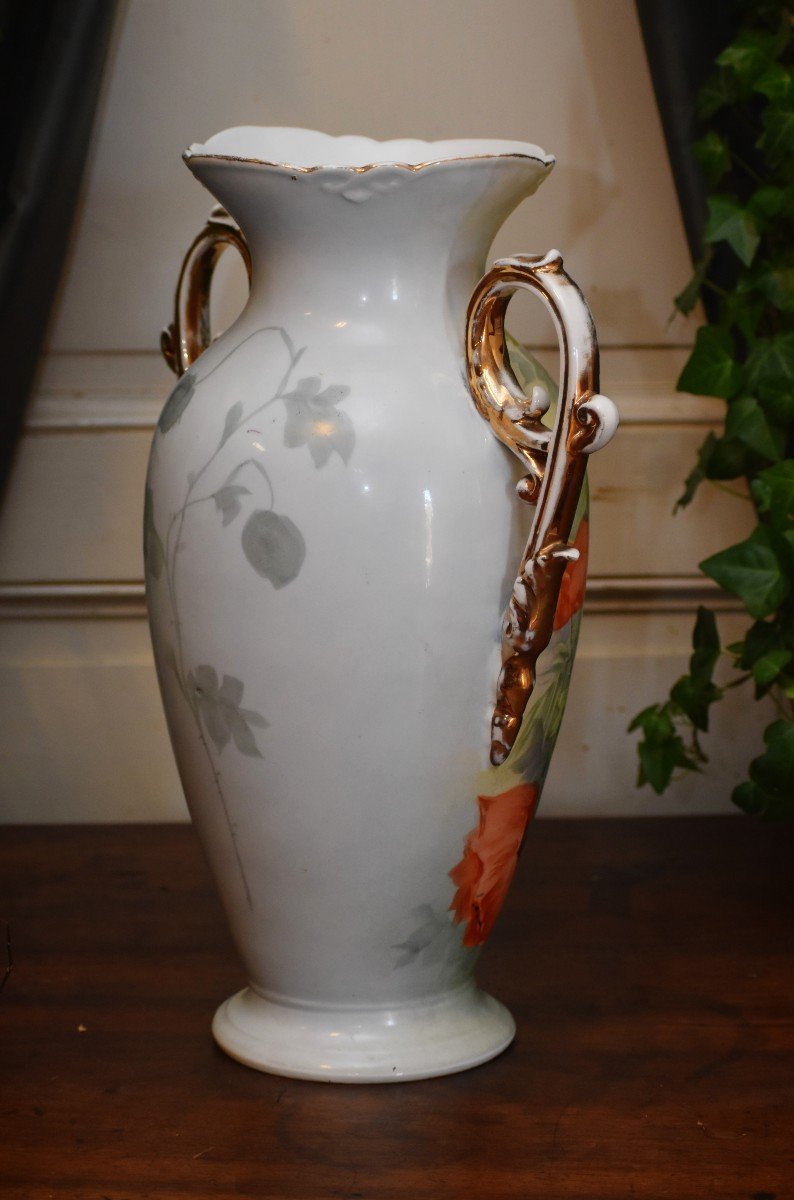 Large Limoges Porcelain Vase, Poppy And Daisies Decor, Hand Painted, 19th Century-photo-4