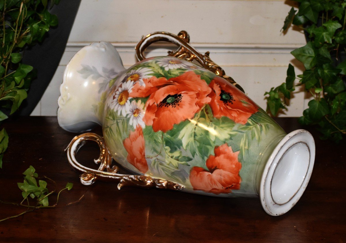 Large Limoges Porcelain Vase, Poppy And Daisies Decor, Hand Painted, 19th Century-photo-6