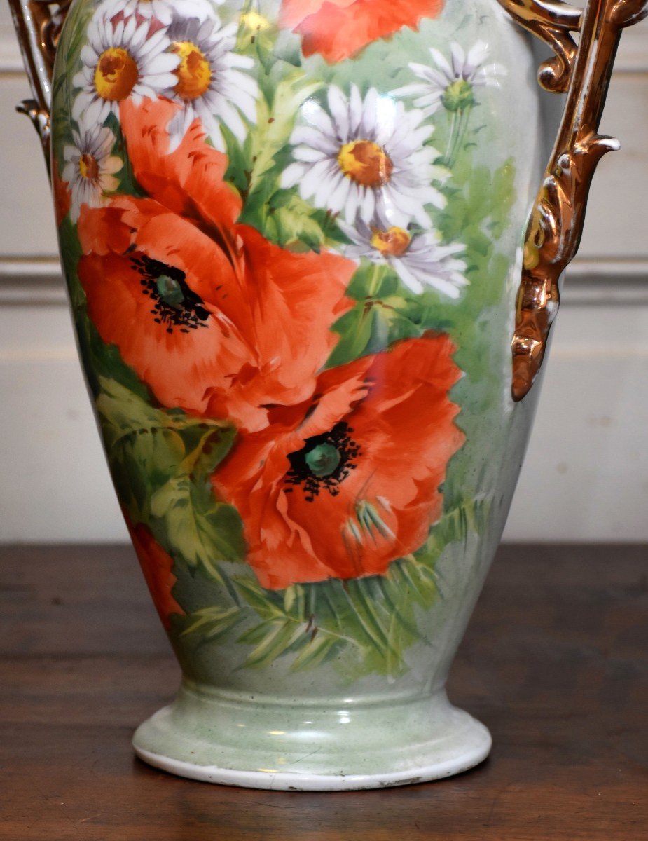 Large Limoges Porcelain Vase, Poppy And Daisies Decor, Hand Painted, 19th Century-photo-7