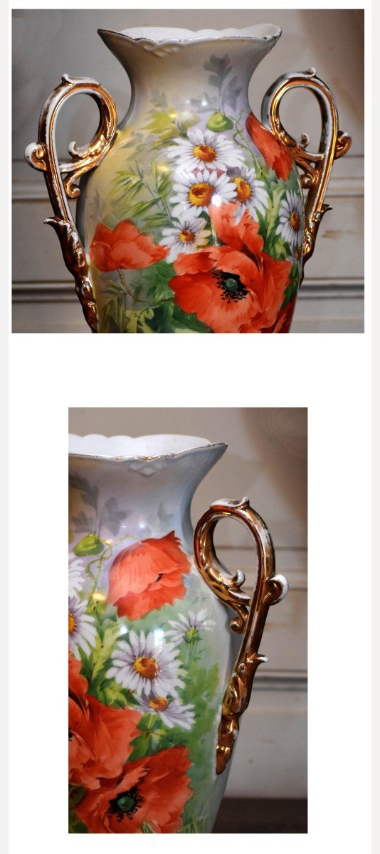 Large Limoges Porcelain Vase, Poppy And Daisies Decor, Hand Painted, 19th Century-photo-8