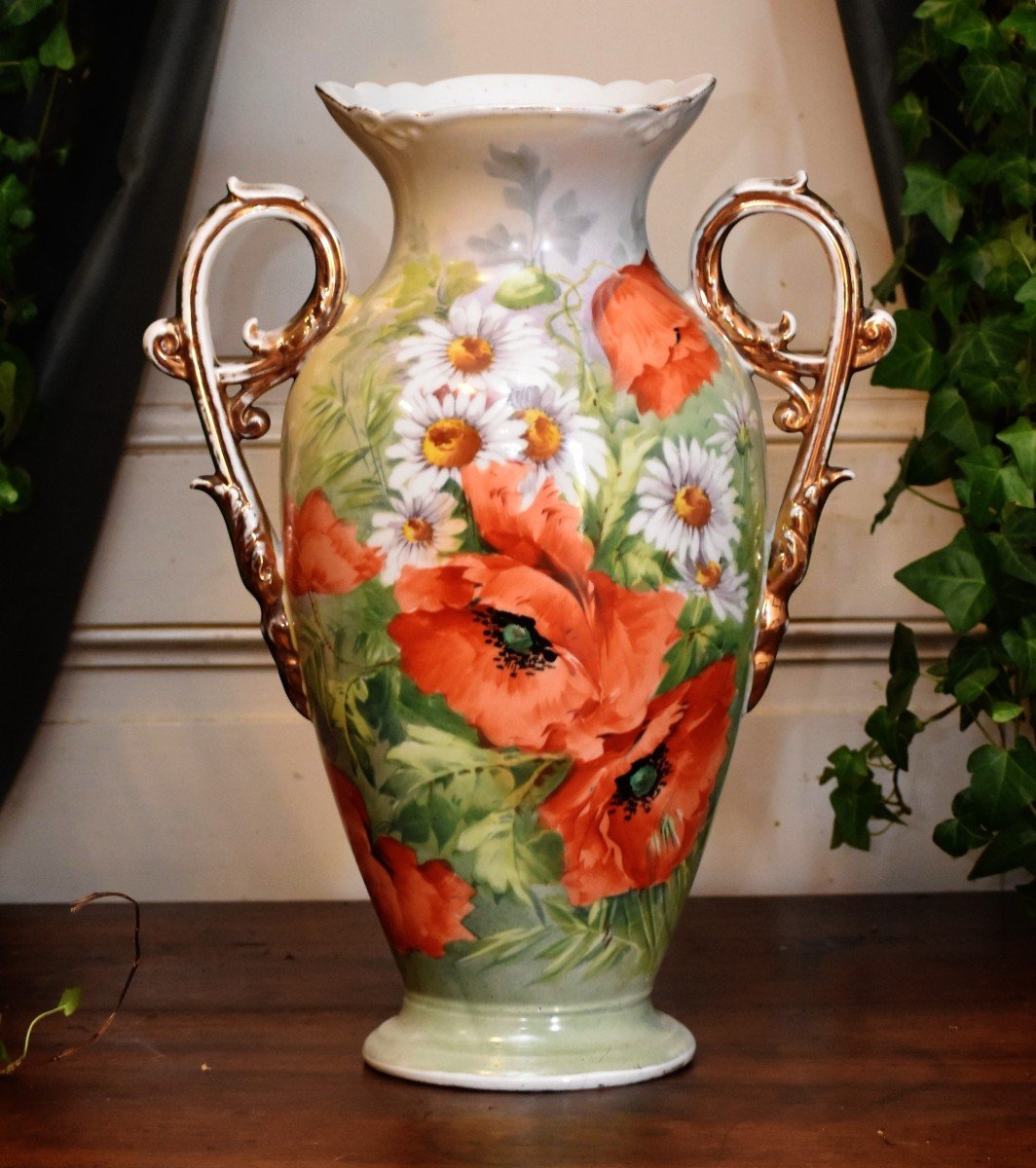 Large Limoges Porcelain Vase, Poppy And Daisies Decor, Hand Painted, 19th Century