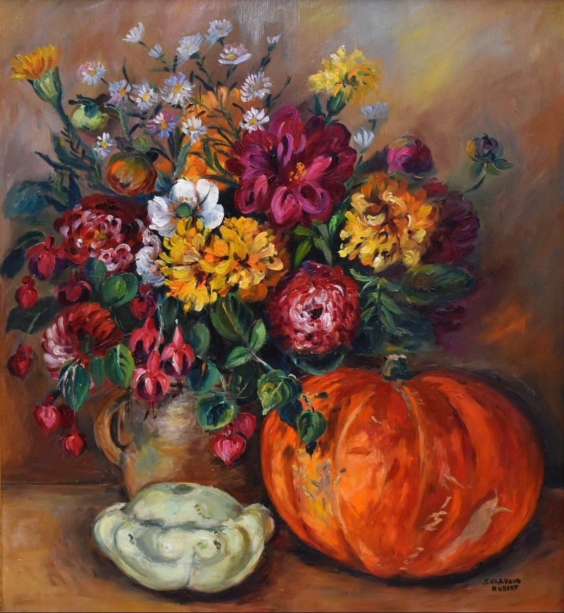 Painting Entitled "still Life With Pumpkin And Flowers" By S. Clavaud-robert, Golden Frame-photo-2