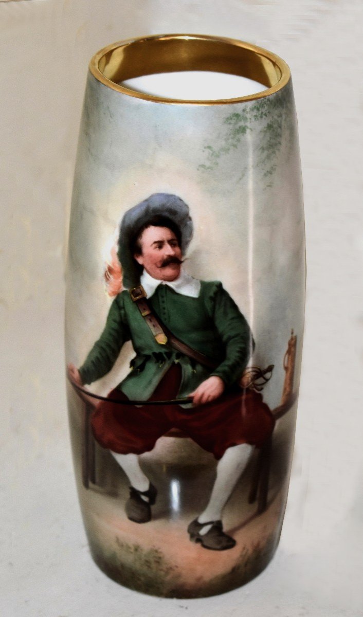 Mavaleix Limoges Porcelain Vase With Musketeer Decor, Hand Painted Military Figure-photo-2