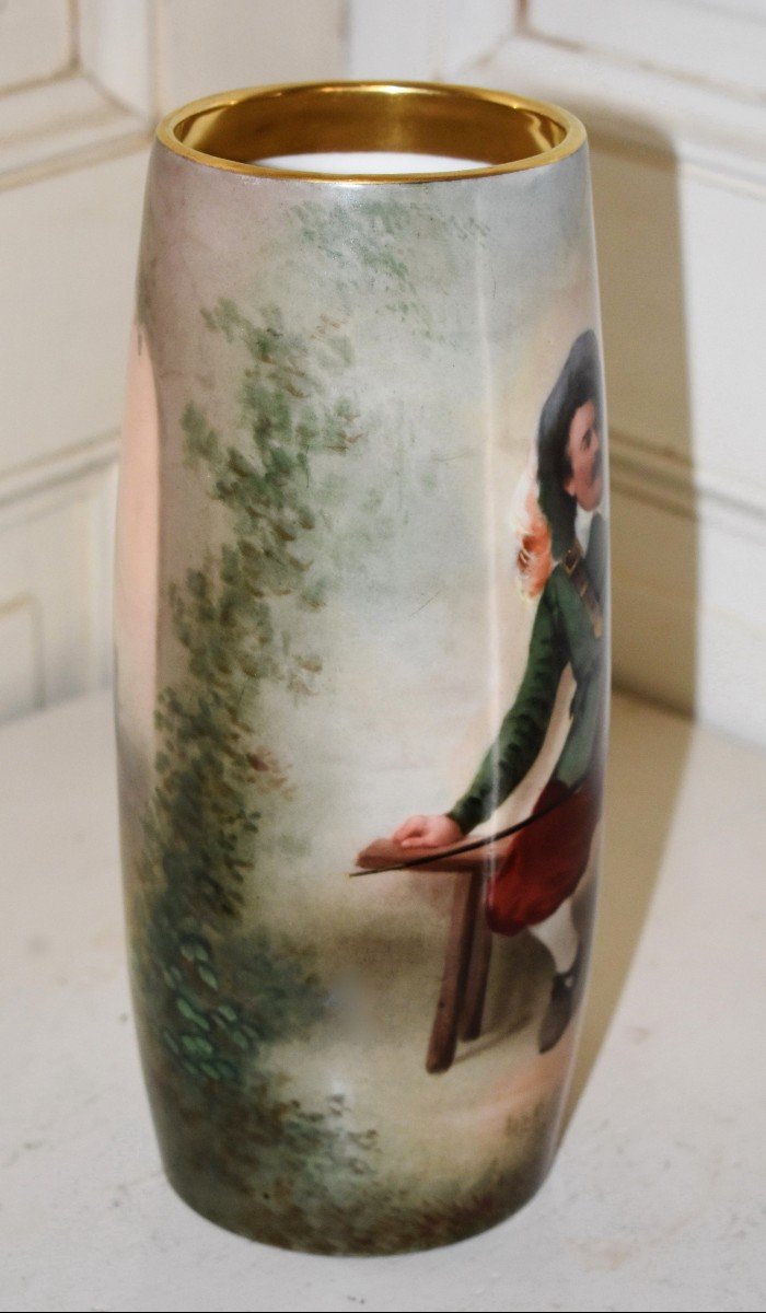 Mavaleix Limoges Porcelain Vase With Musketeer Decor, Hand Painted Military Figure-photo-1