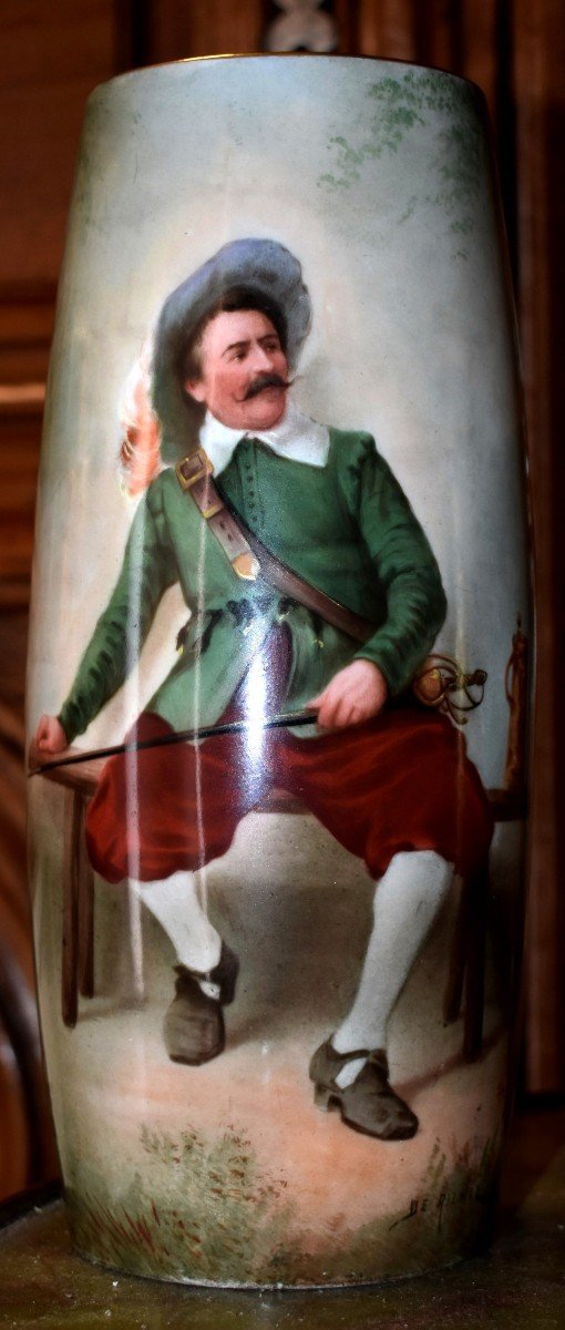 Mavaleix Limoges Porcelain Vase With Musketeer Decor, Hand Painted Military Figure-photo-2