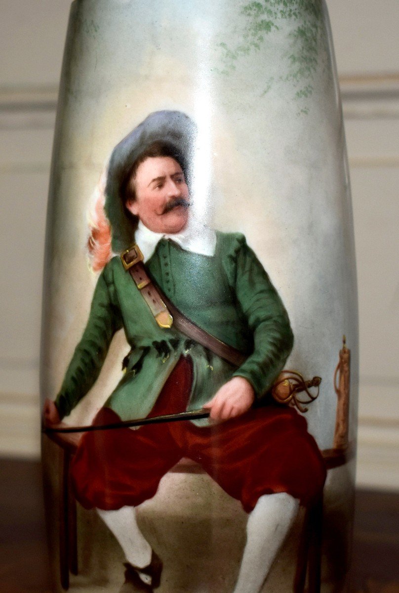 Mavaleix Limoges Porcelain Vase With Musketeer Decor, Hand Painted Military Figure-photo-3