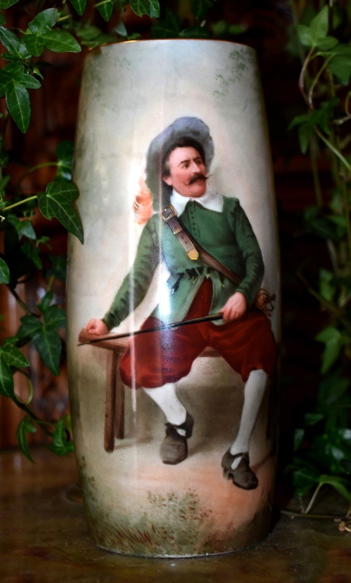 Mavaleix Limoges Porcelain Vase With Musketeer Decor, Hand Painted Military Figure