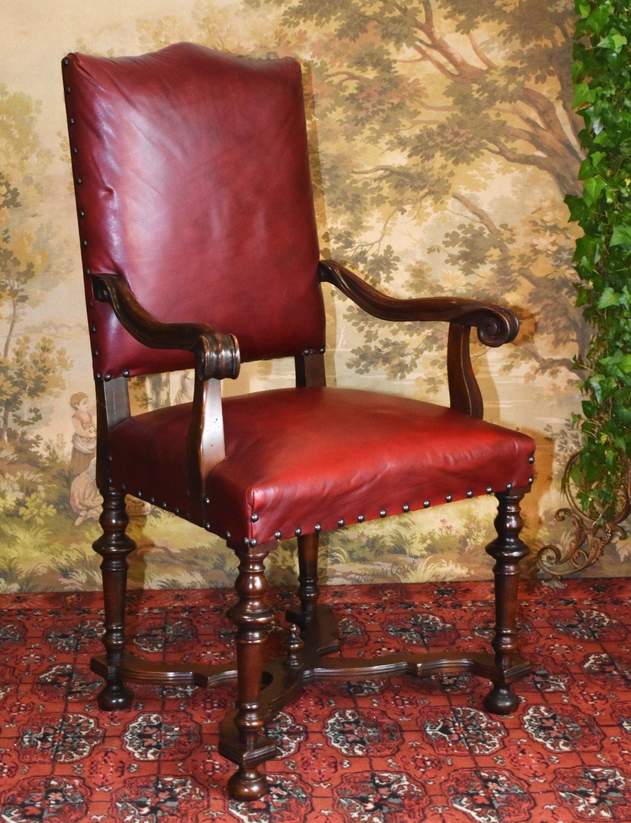 Large Office Chair Upholstered In Bordeaux Red Leather, Louis XIII - Louis XIV Style, 19th Century -photo-2