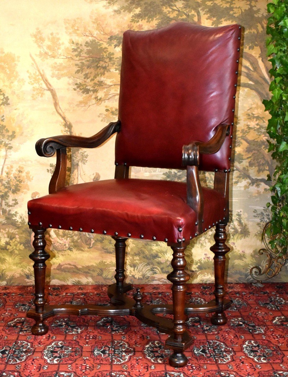 Large Office Chair Upholstered In Bordeaux Red Leather, Louis XIII - Louis XIV Style, 19th Century -photo-3