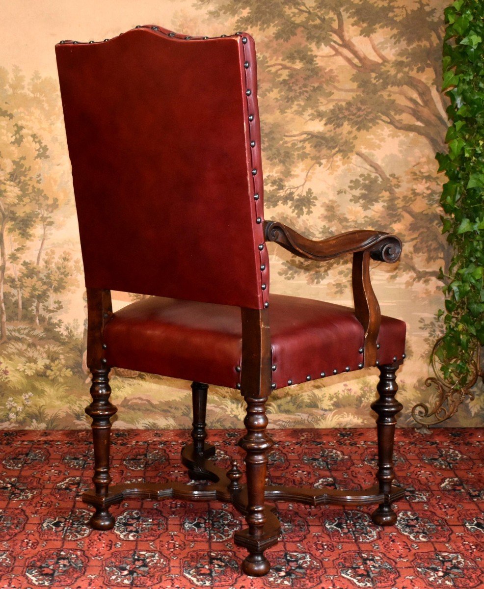 Large Office Chair Upholstered In Bordeaux Red Leather, Louis XIII - Louis XIV Style, 19th Century -photo-4