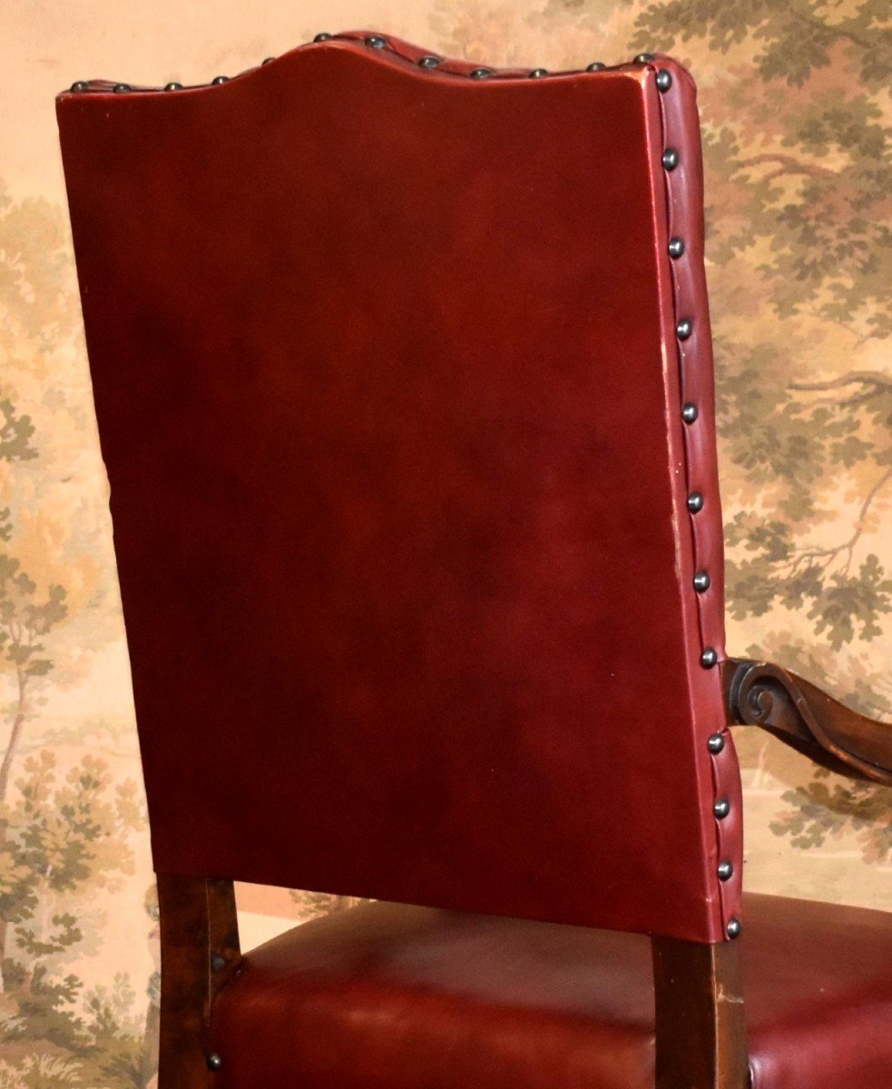 Large Office Chair Upholstered In Bordeaux Red Leather, Louis XIII - Louis XIV Style, 19th Century -photo-1