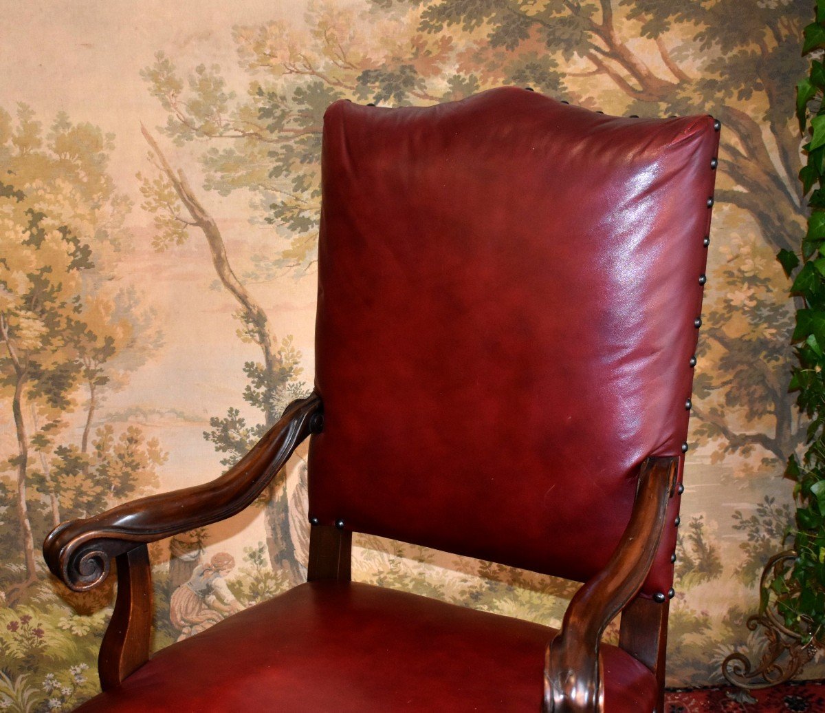 Large Office Chair Upholstered In Bordeaux Red Leather, Louis XIII - Louis XIV Style, 19th Century -photo-2