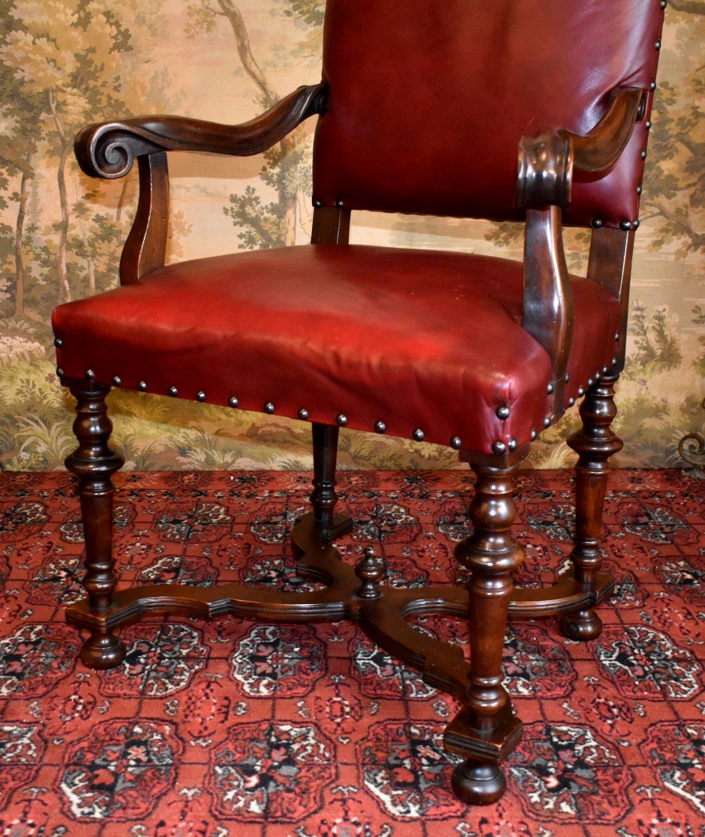 Large Office Chair Upholstered In Bordeaux Red Leather, Louis XIII - Louis XIV Style, 19th Century -photo-3