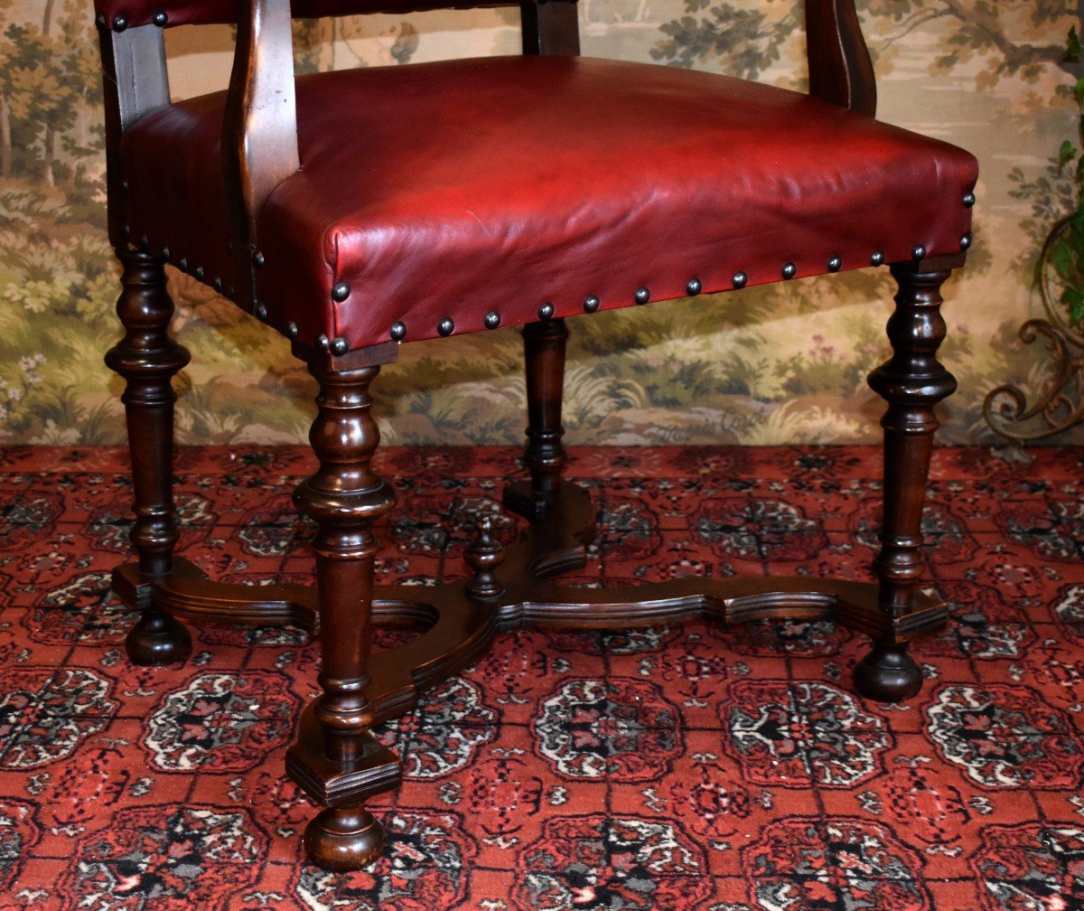 Large Office Chair Upholstered In Bordeaux Red Leather, Louis XIII - Louis XIV Style, 19th Century -photo-4