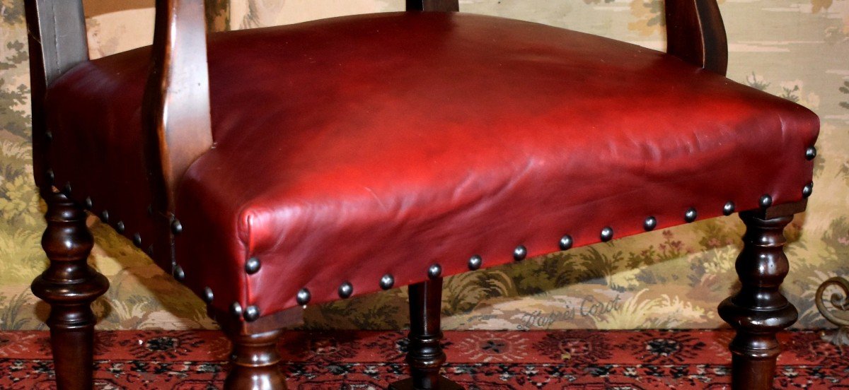 Large Office Chair Upholstered In Bordeaux Red Leather, Louis XIII - Louis XIV Style, 19th Century -photo-5