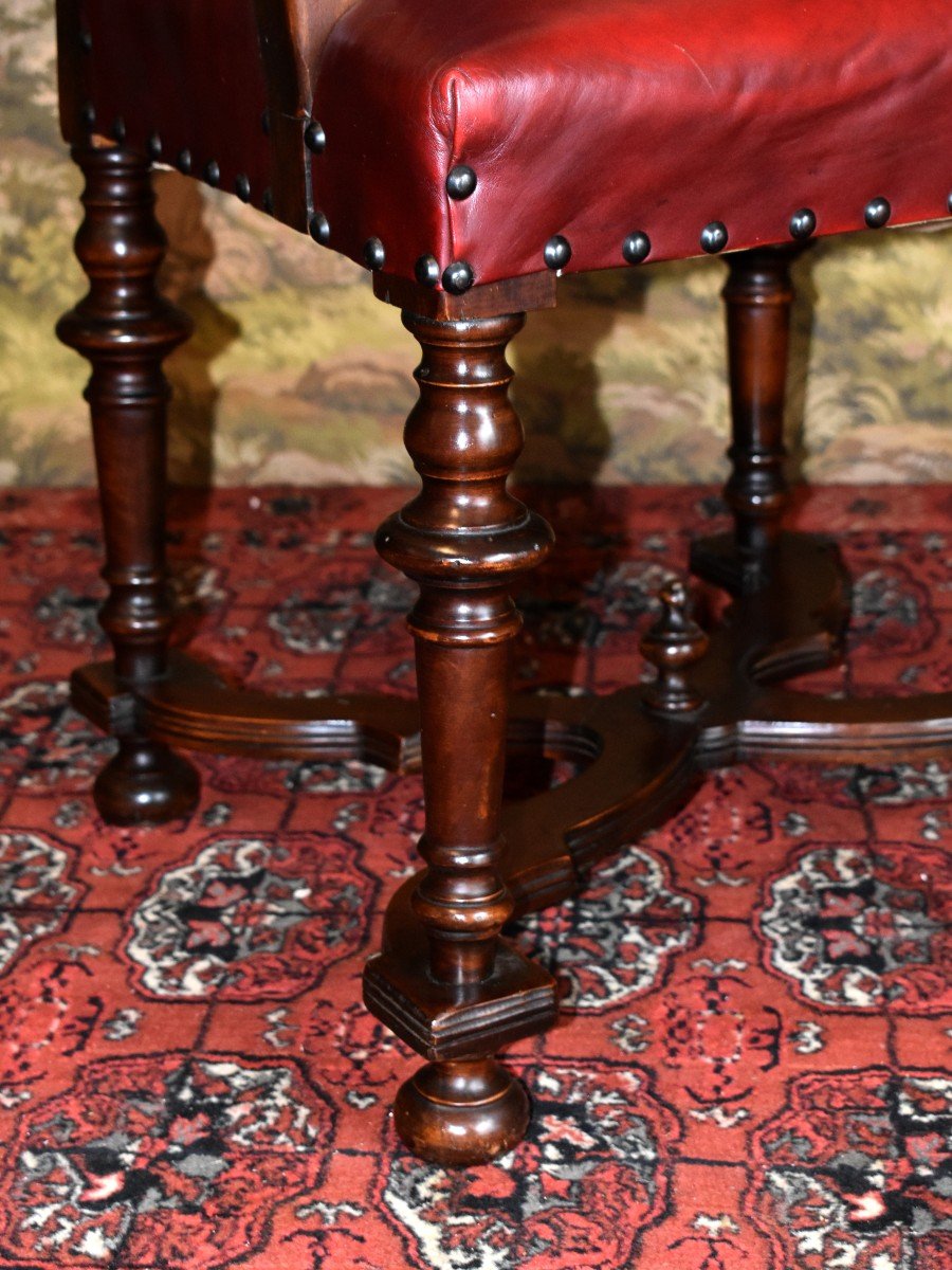 Large Office Chair Upholstered In Bordeaux Red Leather, Louis XIII - Louis XIV Style, 19th Century -photo-7