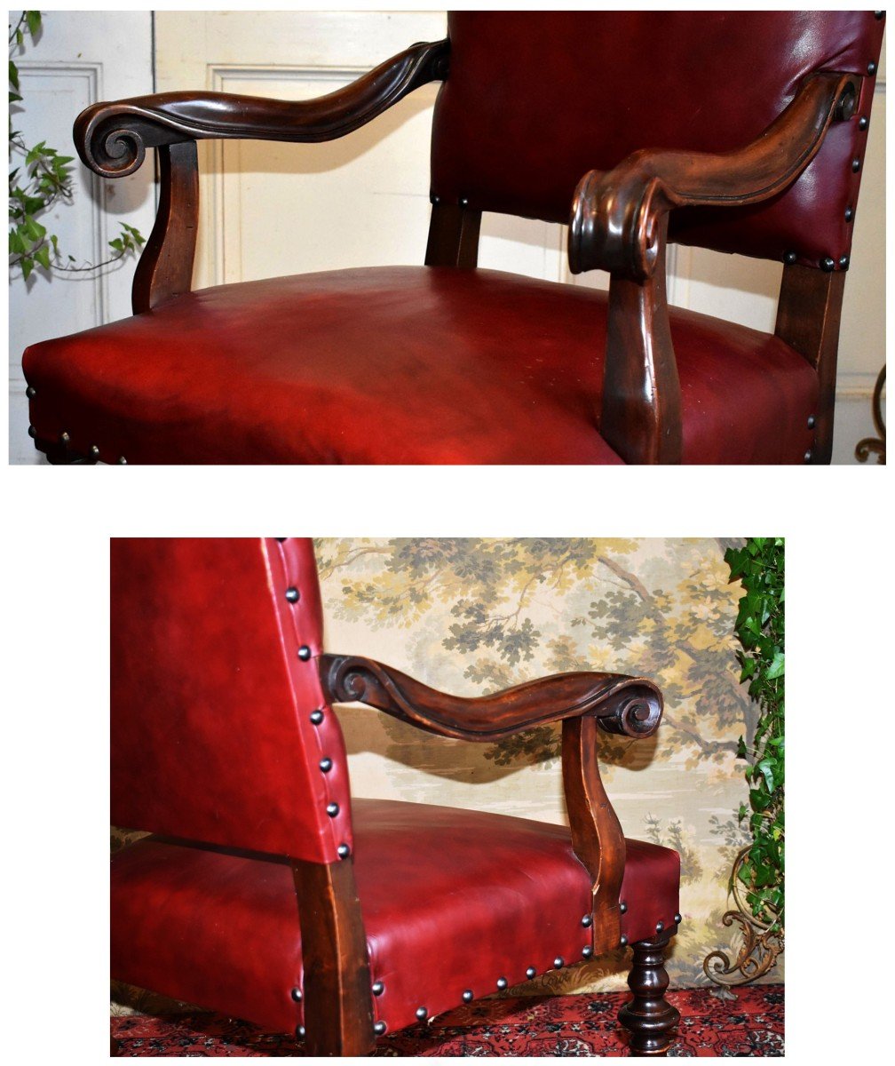 Large Office Chair Upholstered In Bordeaux Red Leather, Louis XIII - Louis XIV Style, 19th Century -photo-8