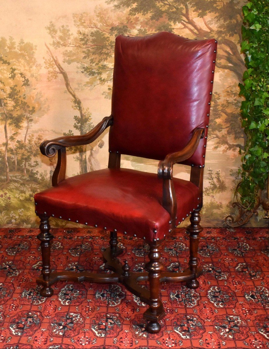 Large Office Chair Upholstered In Bordeaux Red Leather, Louis XIII - Louis XIV Style, 19th Century 