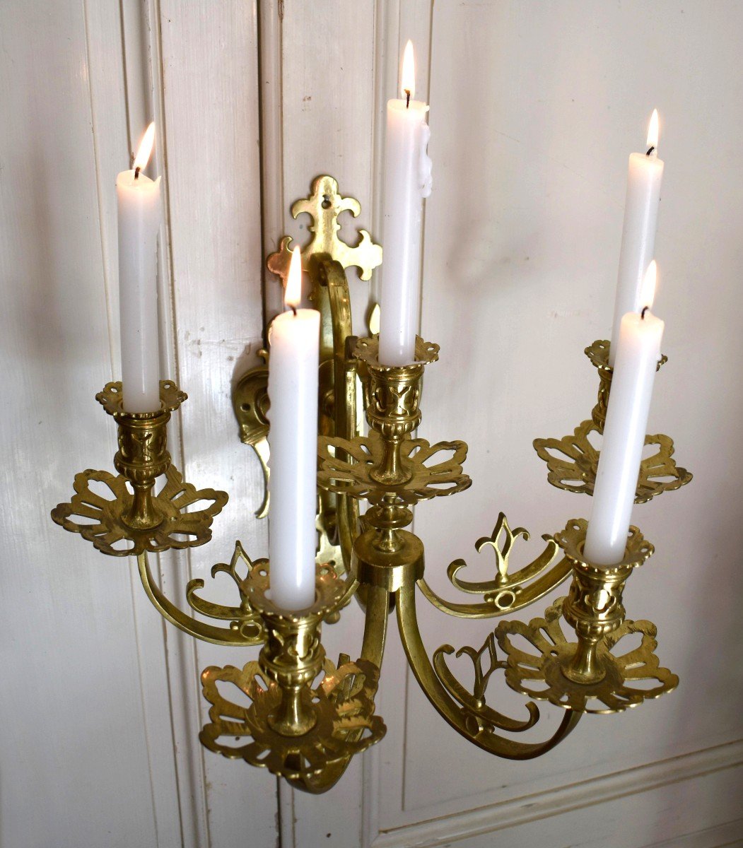 Large Pair Of Bronze Wall Lights With 5 Arms, 19th Century, Neo-gothic Renaissance Style-photo-2