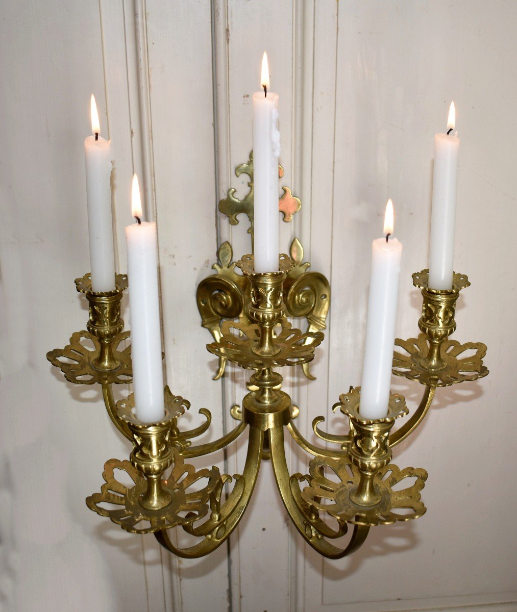 Large Pair Of Bronze Wall Lights With 5 Arms, 19th Century, Neo-gothic Renaissance Style-photo-4