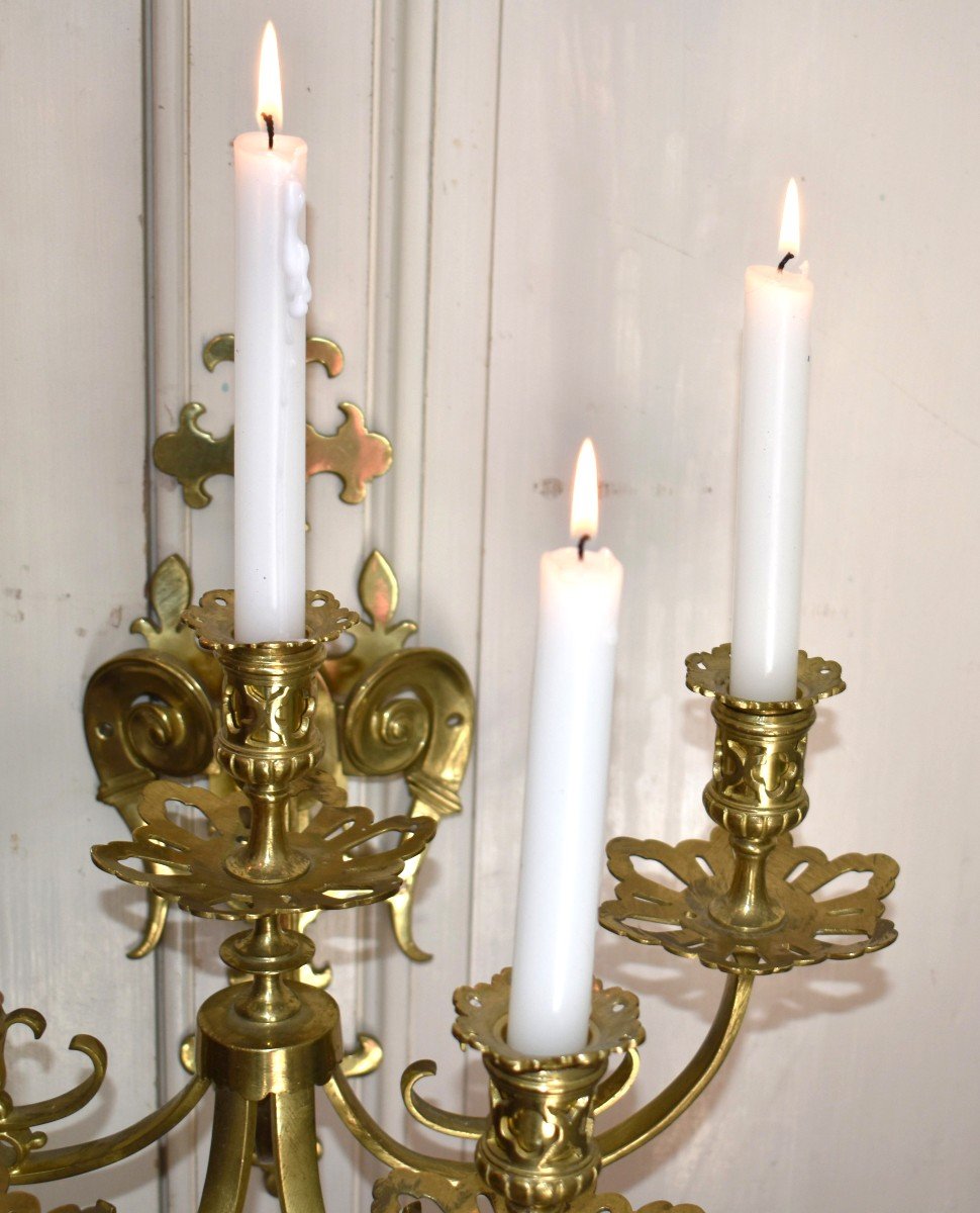 Large Pair Of Bronze Wall Lights With 5 Arms, 19th Century, Neo-gothic Renaissance Style-photo-6