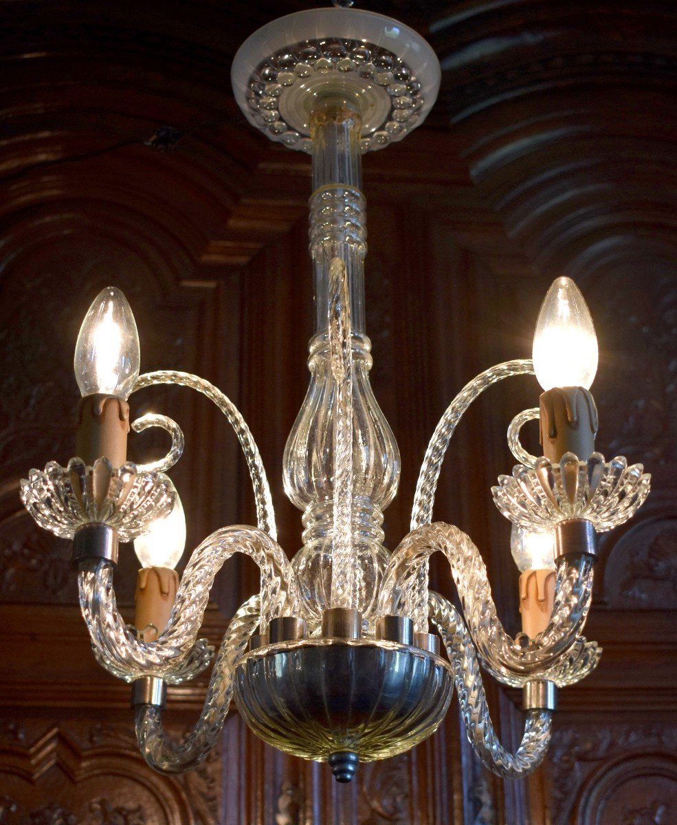 White Twisted Crystal Murano Chandelier, 4 Light Arms, Glass Pendant Light Italy-photo-2